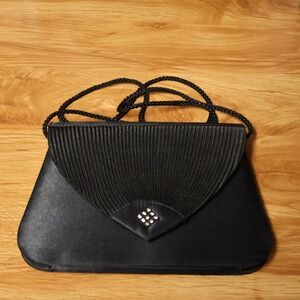 Vintage 90s Pleated Satin Clutch Evening Bag Womens Black Rhinestone Y2K Formal